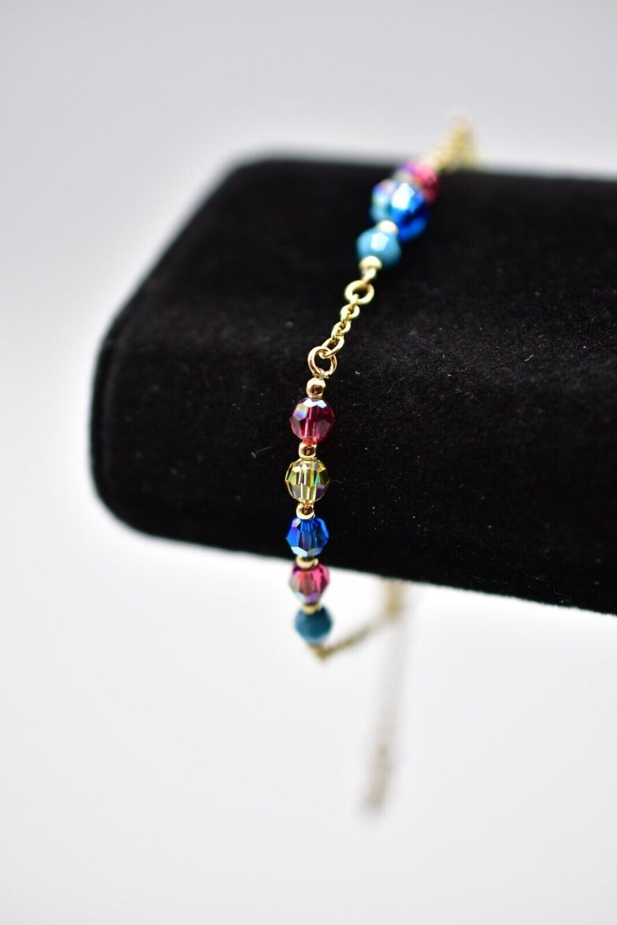Swarovski Crystal Beaded Bracelet AB Blue Pink Gold Tone Chain Swan Signed Bin7